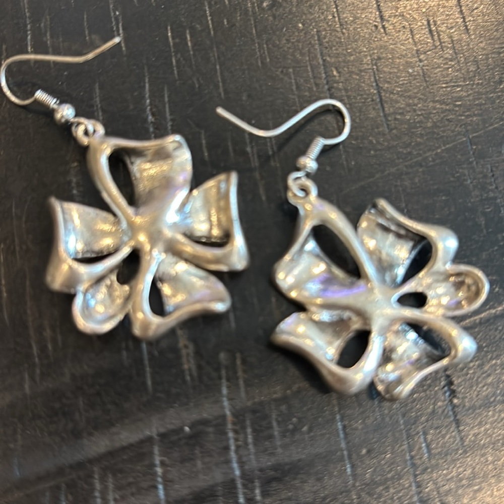 Bow Silvertone Rhinestone Dangle Hook Earrings - image 4